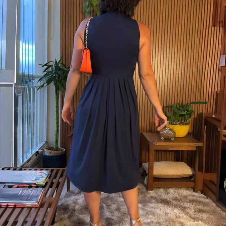 Damen nan ärmelloses V-Ausschnitt-Midikleid mit Unterbrustnaht und schmeichelndem Faltenrock Drune