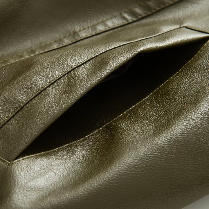 Damen Oversize Fauxleder-Blouson mit elastischem Saum, schräge Zipper-Brusttasche und Reißverschlussärmeln Drune