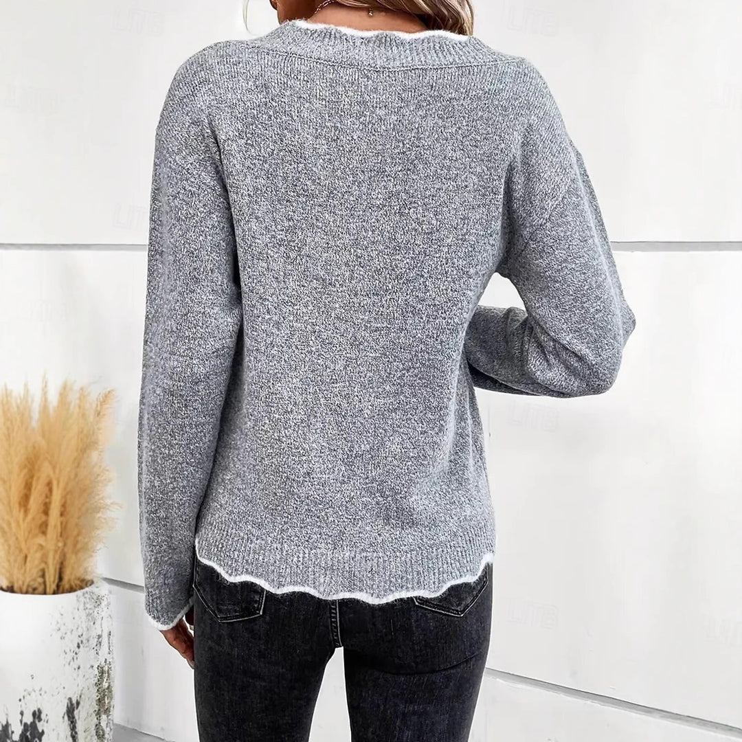 Damen V-Ausschnitt Pullover mit wellenförmigem Saum Drune