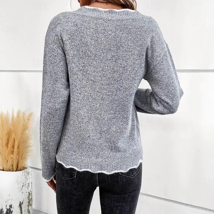 Damen V-Ausschnitt Pullover mit wellenförmigem Saum Drune