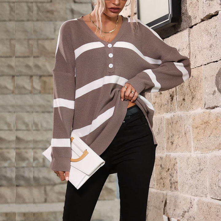 Damen Lässiger Strickpullover mit V-Ausschnitt und Knopfleiste Drune