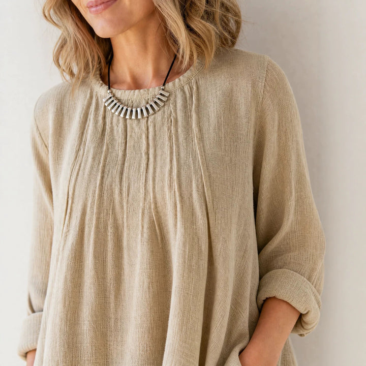 Damen Lässige Tunika-Bluse mit asymmetrischem Saum, feiner Waffelstruktur und Kellerfalten Drune