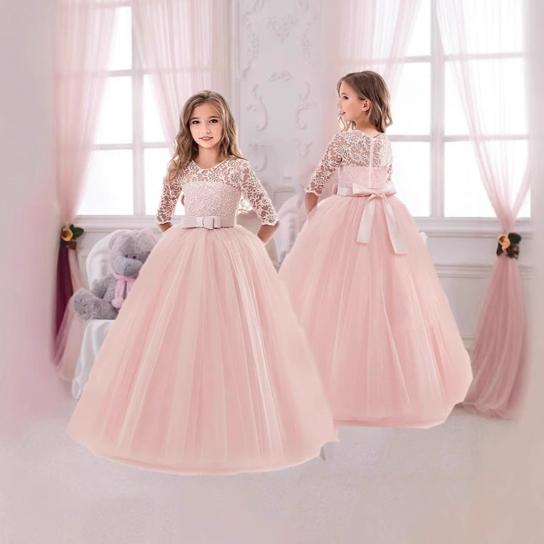 Mädchen Festliches Tüllkleid mit Spitzenoberteil und Taillengürtel Drune