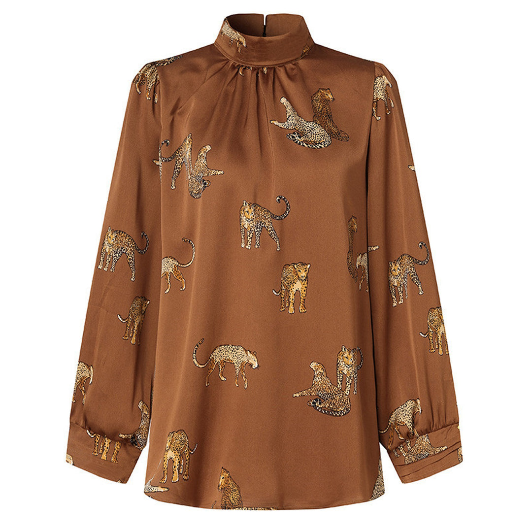 Damen Hochgeschlossenes Satinblusenshirt mit Stehkragen und Animal‑Print Drune