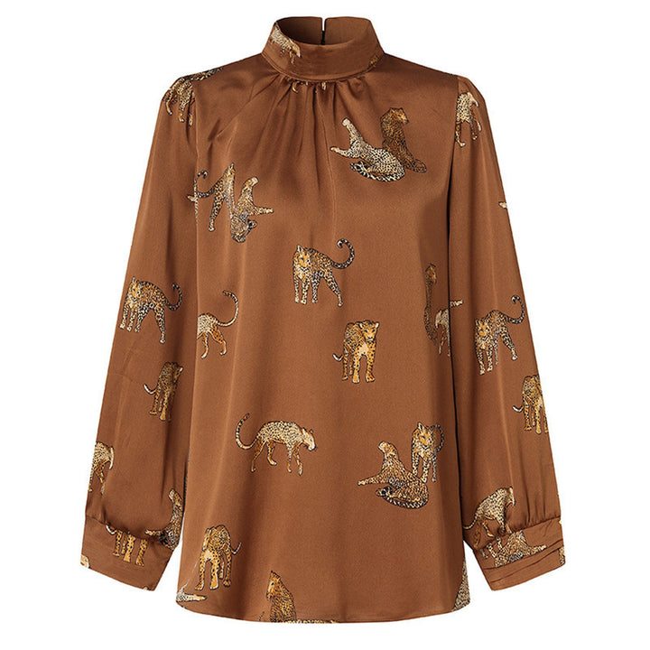 Damen Hochgeschlossenes Satinblusenshirt mit Stehkragen und Animal‑Print Drune