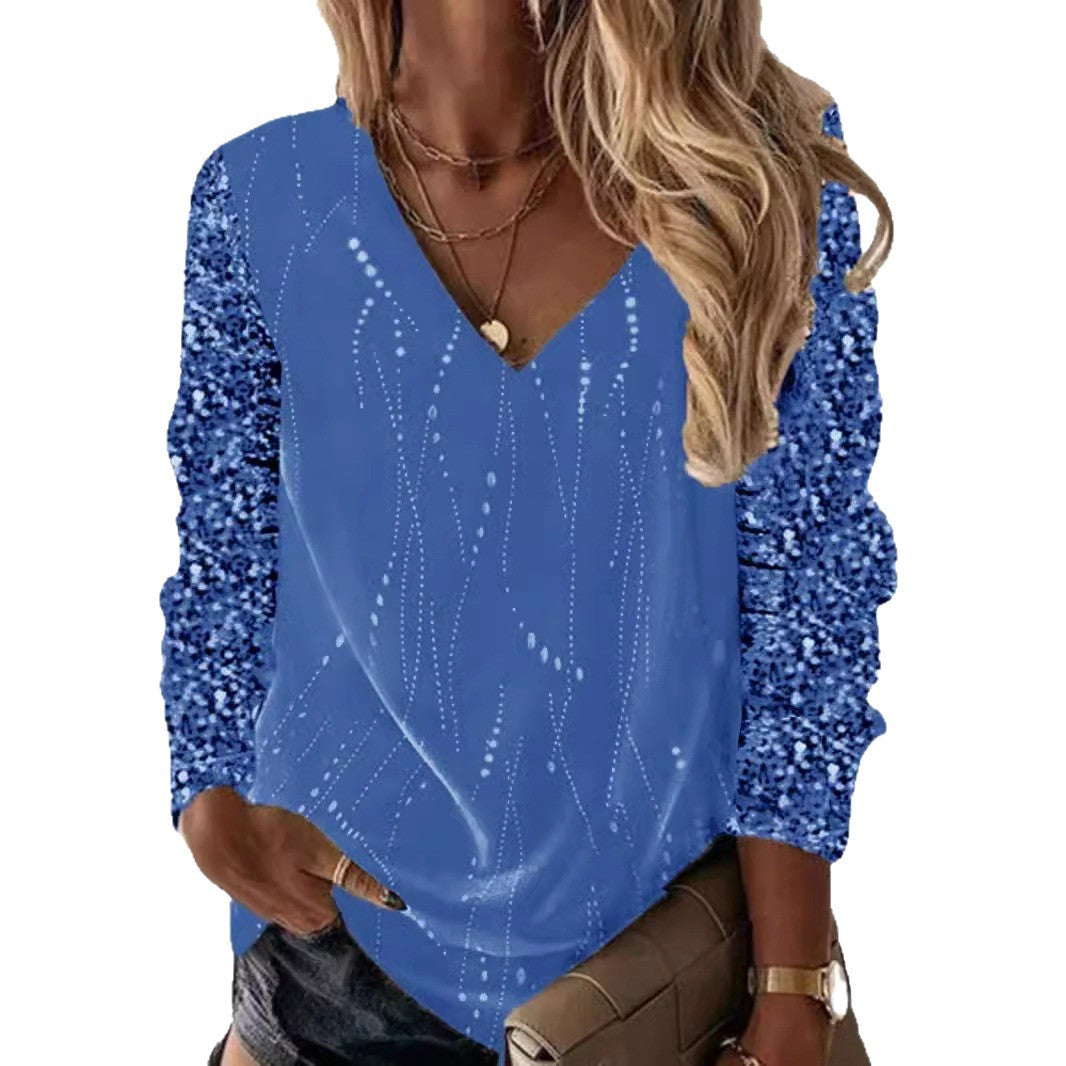 Damen Festliche V-Ausschnitt Bluse mit Paillettenärmeln und leichter Drapierung Drune