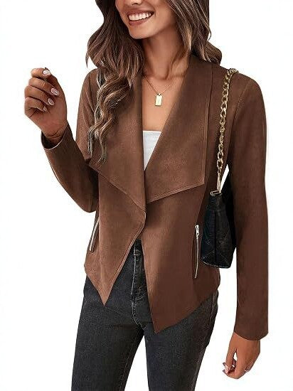 Damen Velourslederimitat-Wasserfallblazer mit asymmetrischem Saum und Reißverschlusstaschen Drune