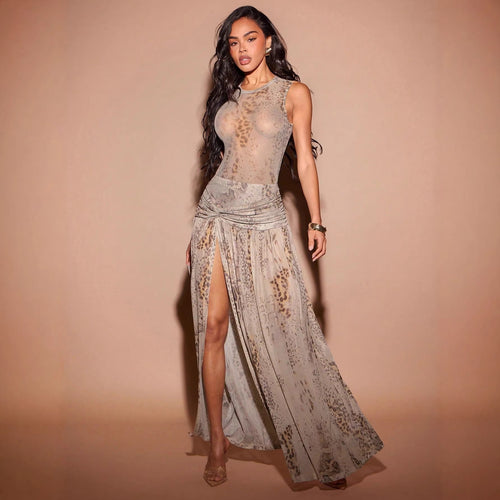 Damen Fließendes Strandkleid mit origineller Raffung und hohem Schlitz Drune