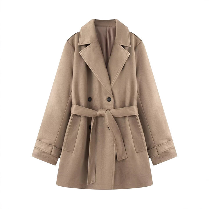 Damen Taillierter Wildlederoptik-Trenchcoat mit Bindegürtel und doppelreihiger Knopfleiste Drune