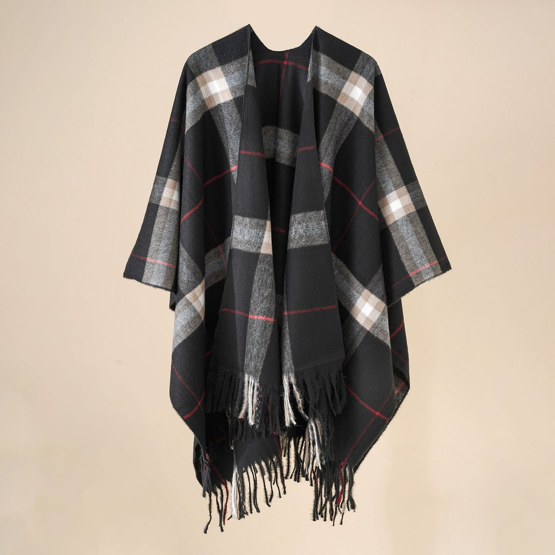 Damen Wollmix-Poncho mit Karomuster und Fransen Drune