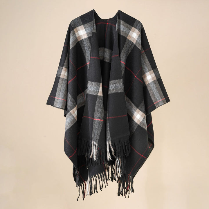 Damen Wollmix-Poncho mit Karomuster und Fransen Drune