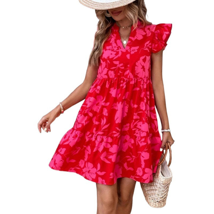 Damen Sommerliches Blumenkleid mit voluminösen Rüschendetails und elegantem V-Ausschnitt Drune