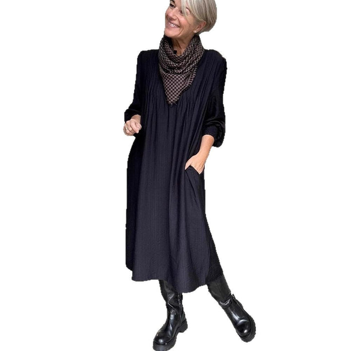 Damen nan lockeres Midikleid mit feiner Plissee-Optik, Stehkragen, kurzer Knopfleiste, gesmokten Manschetten und Eingrifftaschen Drune