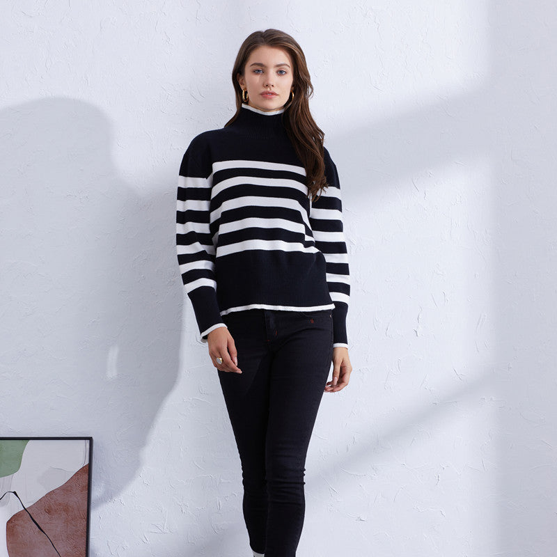 Damen hochwertiger gestreifter Pullover mit Stehkragen Drune