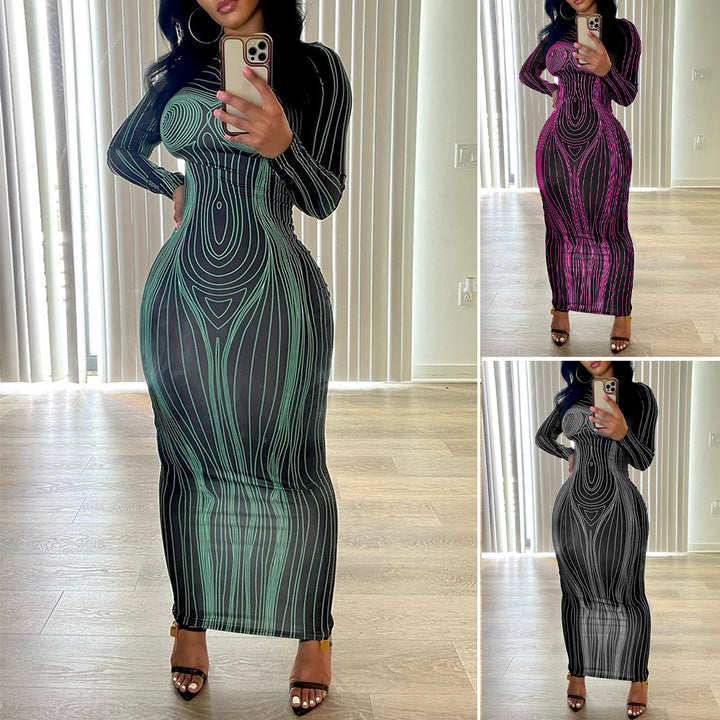 Damen Langarm Maxikleid mit figurformender Linienstruktur Drune
