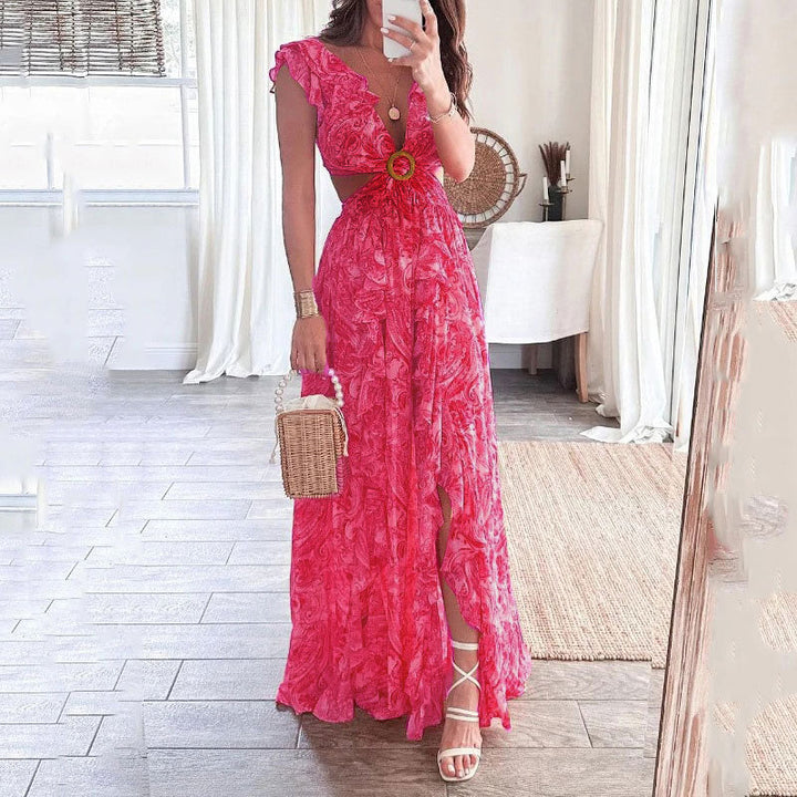 Damen Langes Maxikleid mit elegantem Cut-Out Design und Rüschenausschnitt Drune