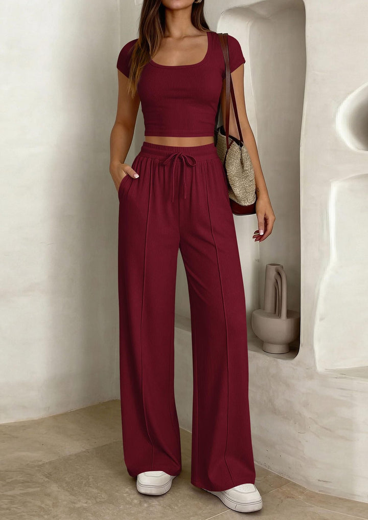 Damen lässiges Cropped-Top und weite Hose Set Drune