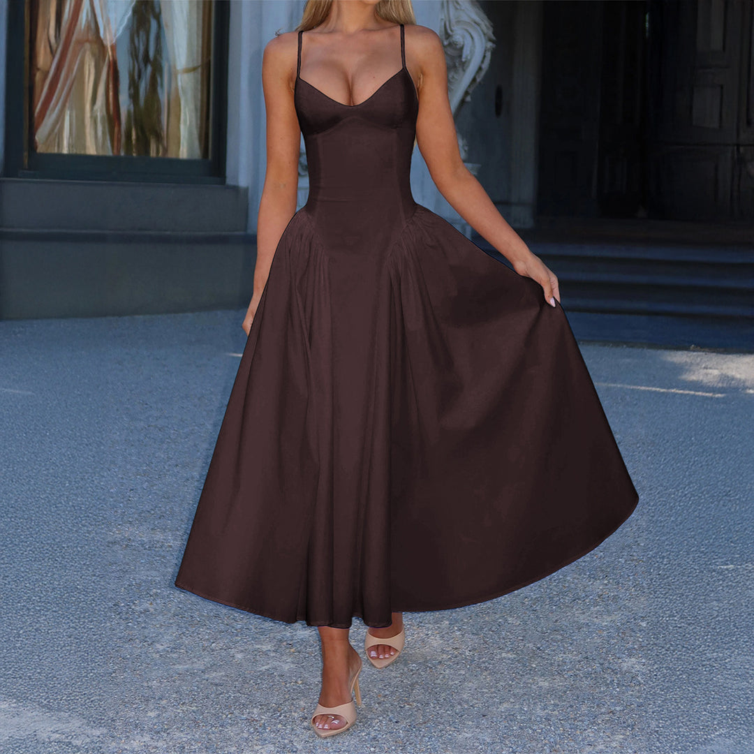 Damen A-linien Abendkleid mit verstellbaren Spaghettiträgern und schwingendem Rock Drune