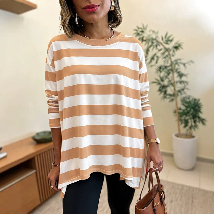 Damen Oversized Streifen-Longsleeve mit Rundhalsausschnitt und abgerundetem Saum Drune