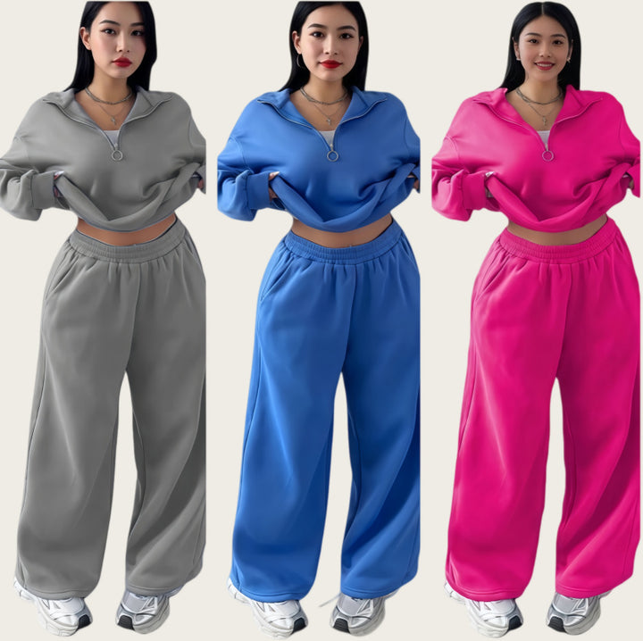 Damen Cropped Oversize-Sweatshirt mit halbem Reißverschluss und weite High-Waist Jogginghose Set Drune