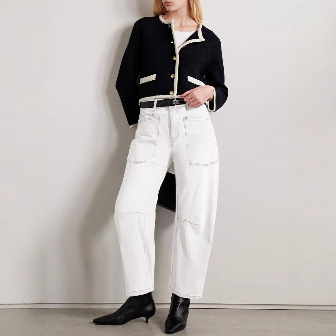 Damen halbhohe Denim-Hose mit einzigartigen aufgesetzten Taschen Drune