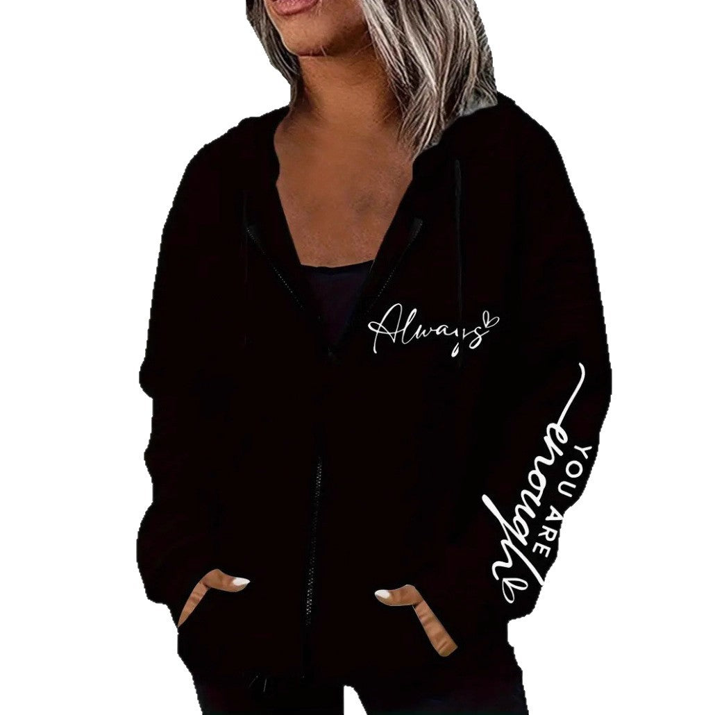 Damen nan oversized Kapuzenjacke mit Reißverschluss, handgeschriebener Typo-Applikation und Kontrast-Eingrifftaschen Drune