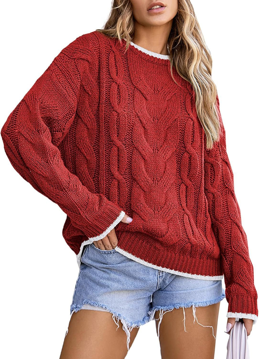 Damen Strickpullover mit grobem Zopfmuster Drune