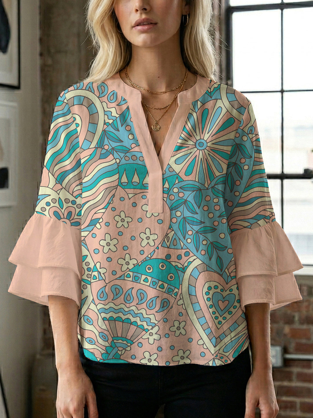 Damen elegantes Oberteil mit voluminösen Rüschensäumen und floralem Design Drune