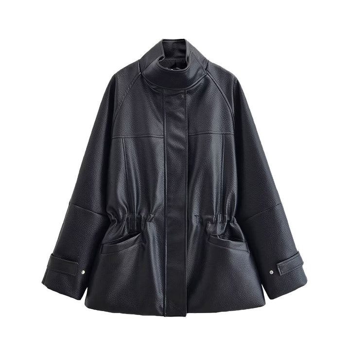 Damen Oversize Kunstlederjacke mit Stehkragen, Tunnelzug-Taille und aufgesetzten Taschen Drune