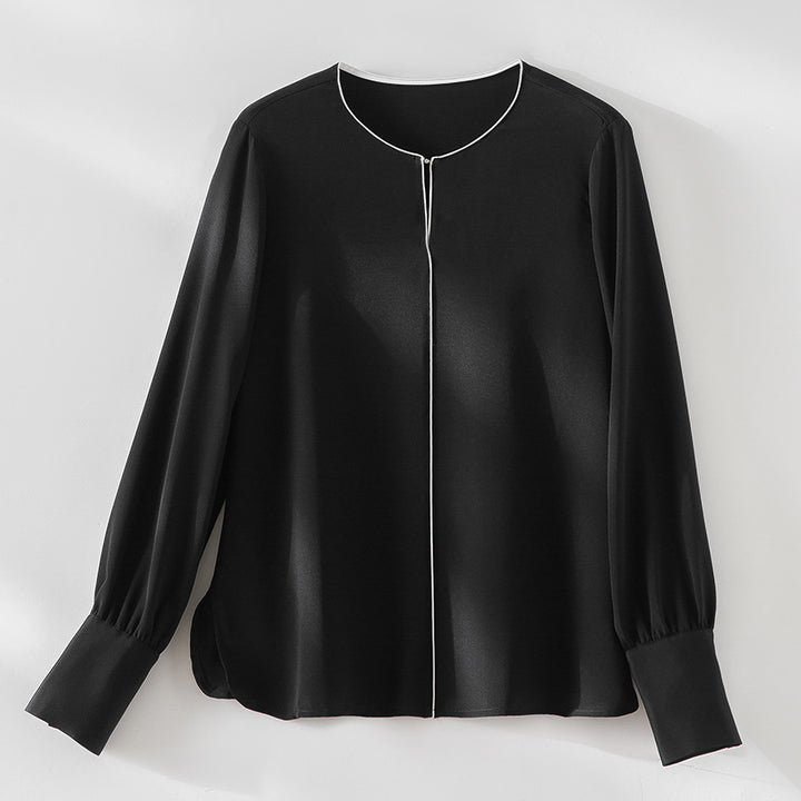 Damen Elegante seidenähnliche Bluse mit Kontrastpaspel und verlängerten Manschetten Drune