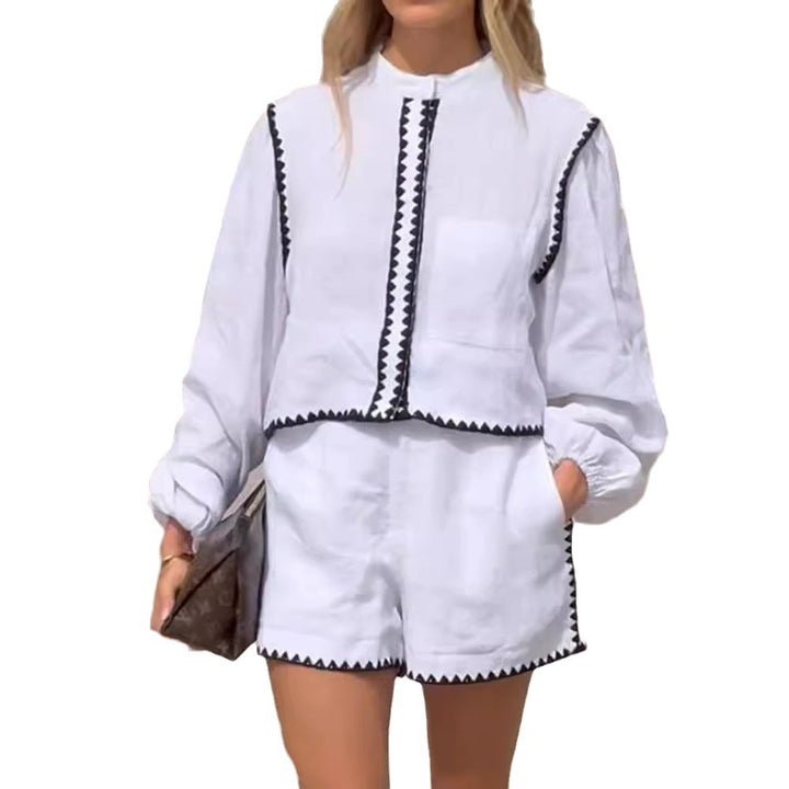 Damen Lässiges Oberteil und Shorts Set mit dekorativem Rand Drune