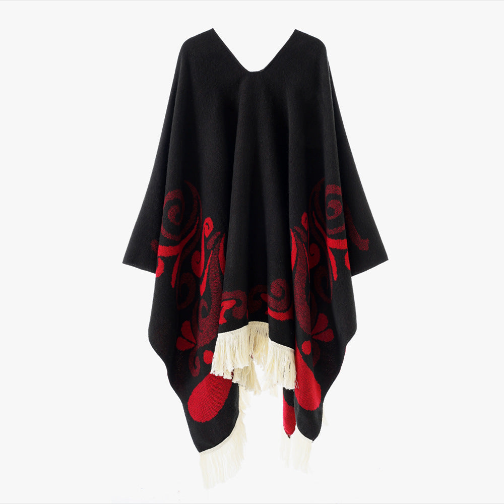 Damen Wollmix-Poncho im Umhangstil mit V-Ausschnitt, kontrastierendem Ornament-Jacquard und Fransen Drune