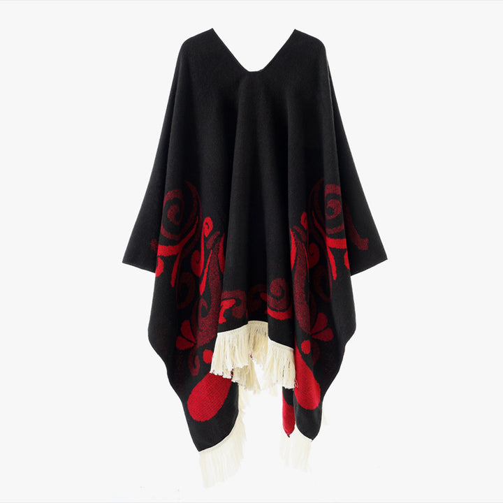 Damen Wollmix-Poncho im Umhangstil mit V-Ausschnitt, kontrastierendem Ornament-Jacquard und Fransen Drune