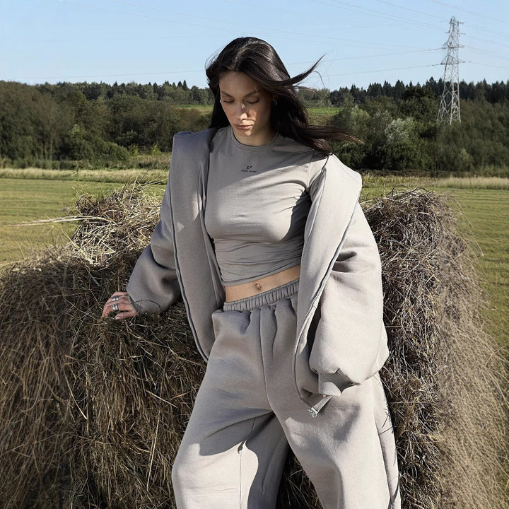 Damen Komfort-Kapuzen-Zipjacke mit verdecktem Reißverschluss, Kängurutasche und gerader Sweat-Hose Drune
