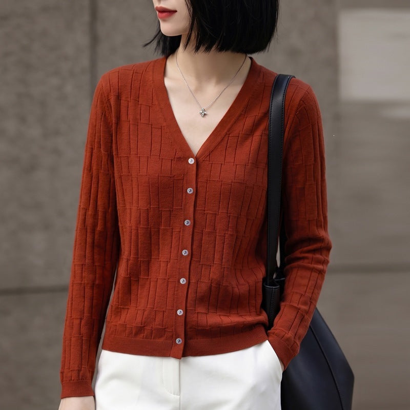 Damen V‑Ausschnitt-Feinstrickcardigan mit strukturierter Blockoptik und durchgehender Knopfleiste Drune