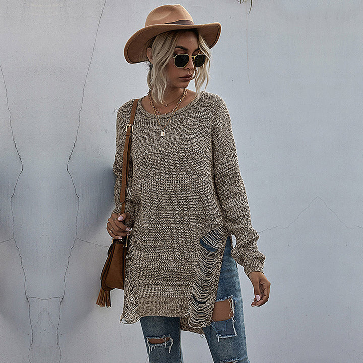Damen Oversize-Longpullover mit Fransen-Schlitzen und High‑Low-Saum Drune