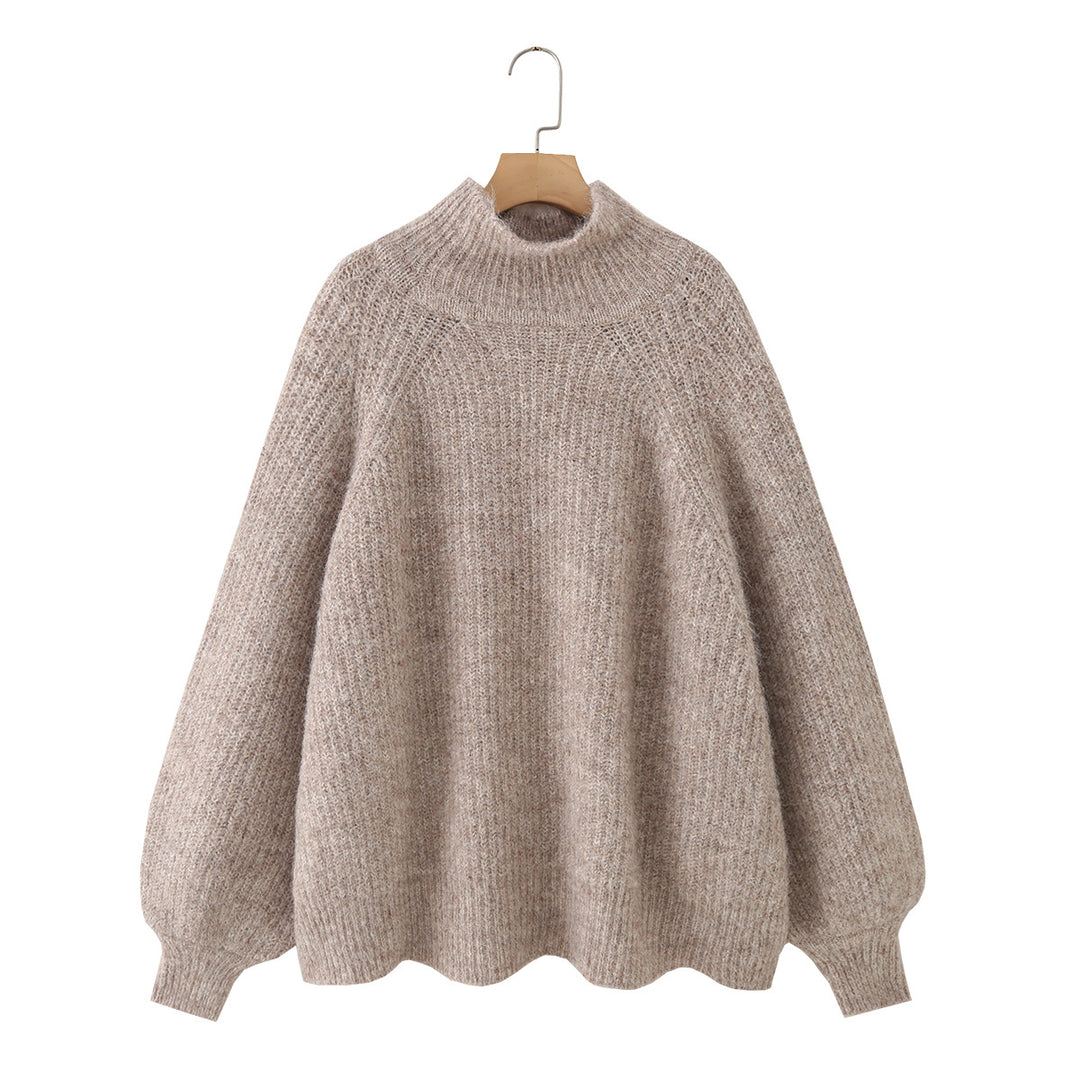 Damen Oversize Mohair-Optik Strickpullover mit Stehkragen und Ballonärmeln Drune
