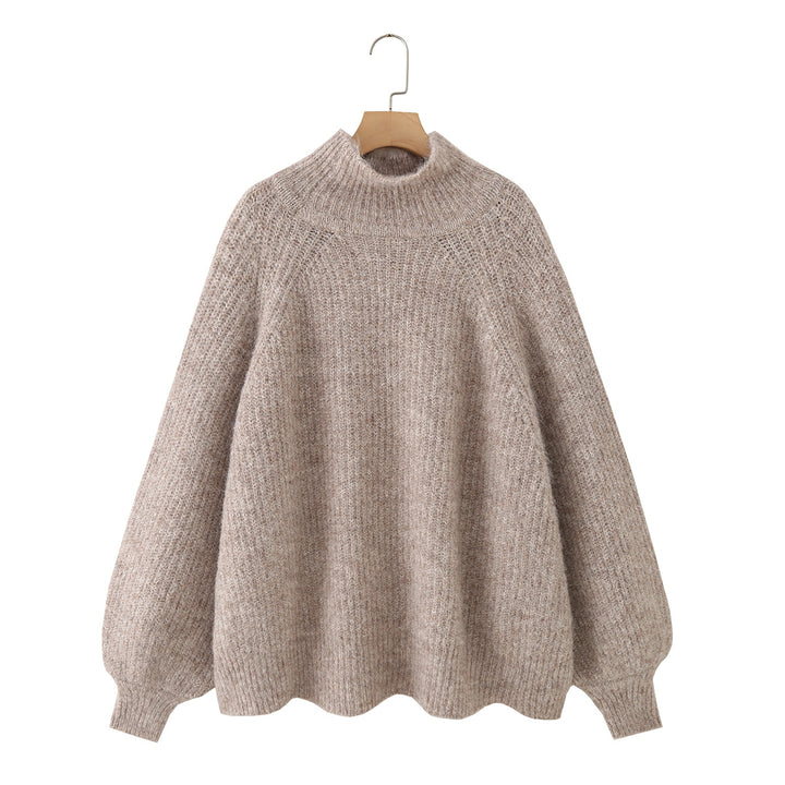 Damen Oversize Mohair-Optik Strickpullover mit Stehkragen und Ballonärmeln Drune