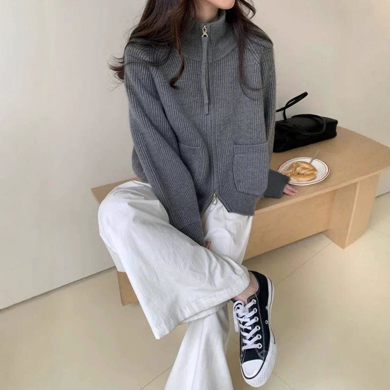 Damen Hochwertiger Strickjacke mit Reißverschluss Drune