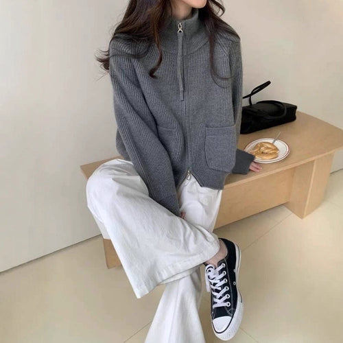 Damen Hochwertiger Strickjacke mit Reißverschluss Drune
