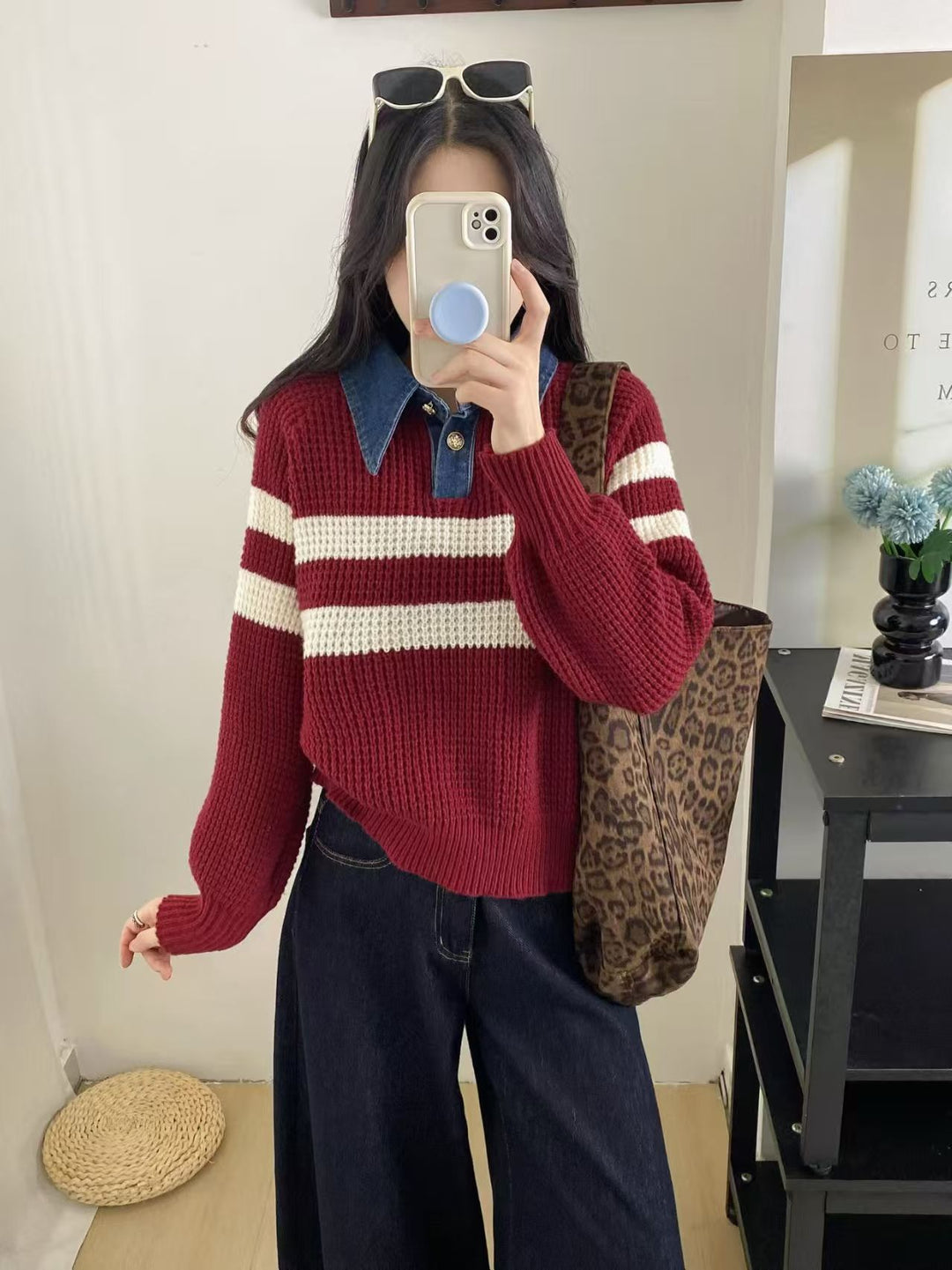 Damen lässiger Strickpullover mit Kragen und gestreiftem Design Drune