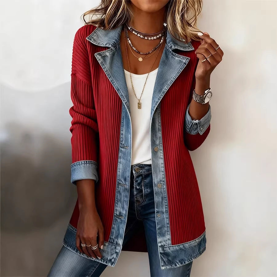 Damen Lange Strickjacke mit Denim-Kragen und Denim-Besatz Drune