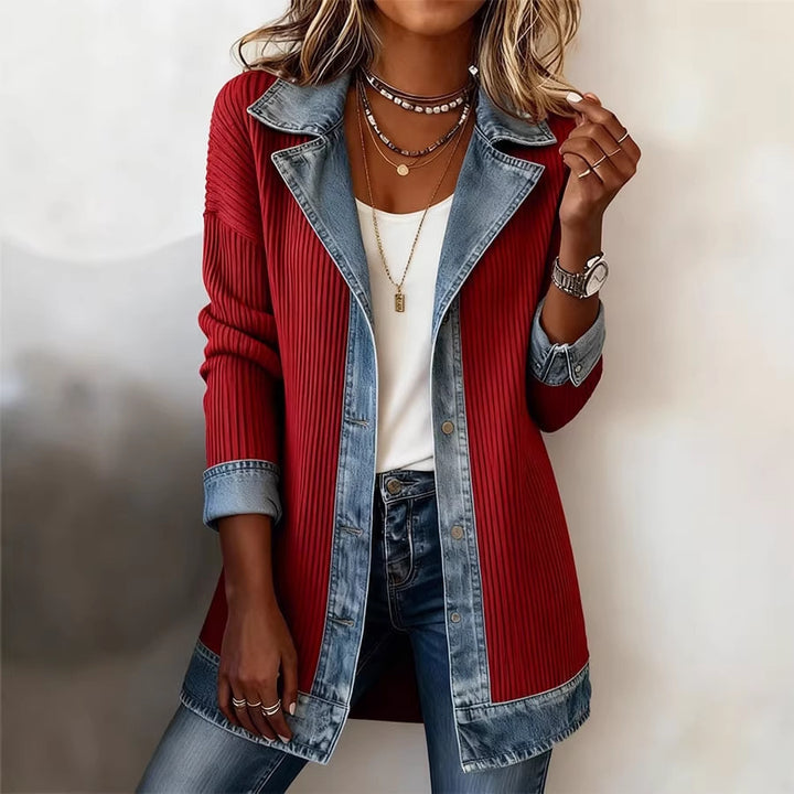 Damen Lange Strickjacke mit Denim-Kragen und Denim-Besatz Drune