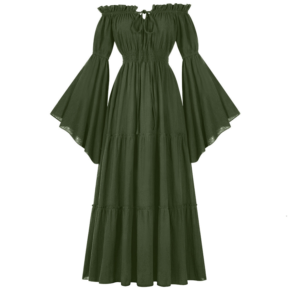 Damen nan bodenlanges Off-Shoulder Maxikleid mit geraffter Taille, mehrstufigem Rock und weiten Trompetenärmeln Drune