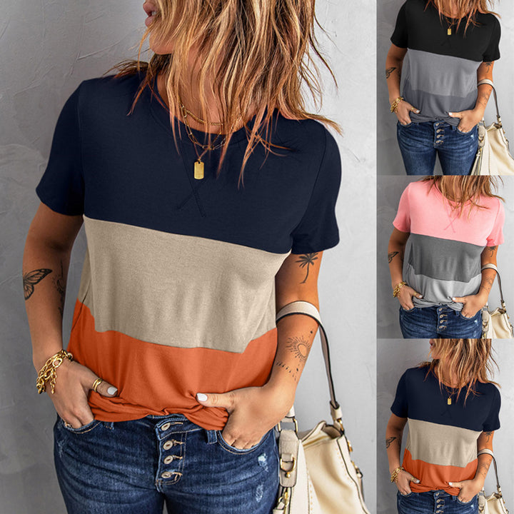 Damen lässiges T-Shirt mit farbigem Blockdesign und Rundhalsausschnitt Drune
