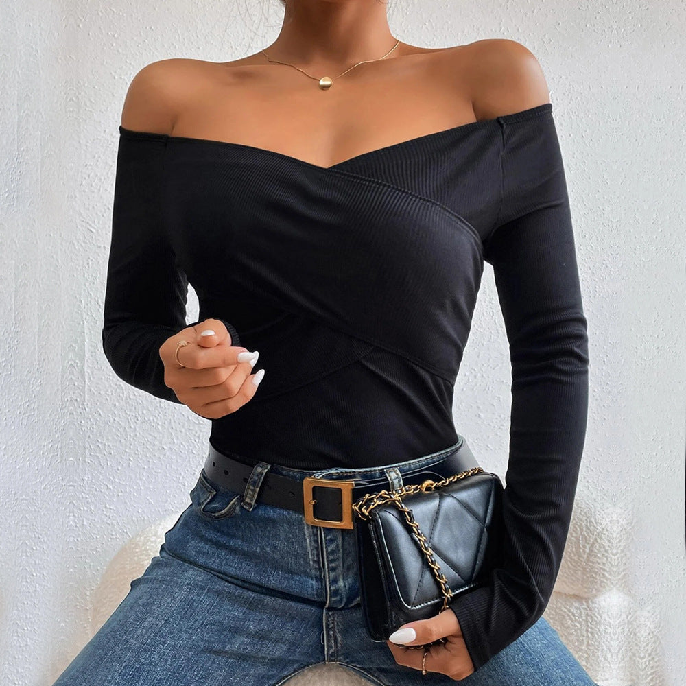 Damen schulterfreies Langarm-Rippstretch-Top mit Wickeloptik und figurbetonter Passform Drune
