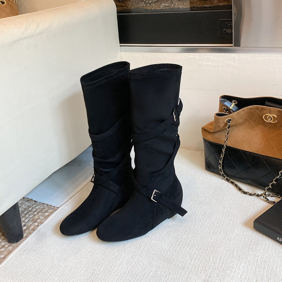 Damen Kniehohe Velourslederstiefel mit Wickelriemen und flachem Keilabsatz Drune