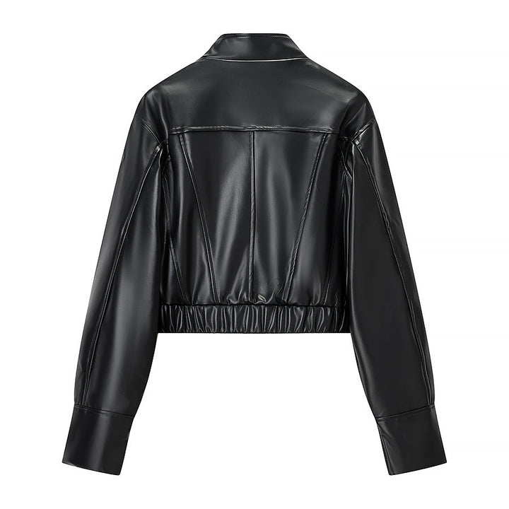 Damen Gekürzte Boxy-Kunstlederjacke mit Stehkragen und konstruktiven Teilungsnähten Drune