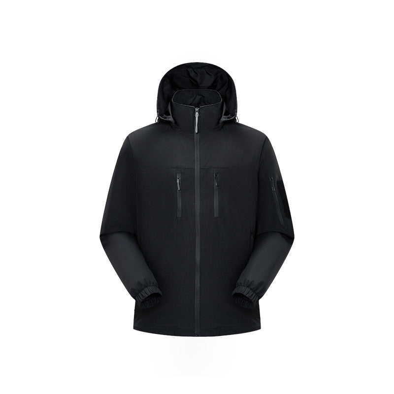 Herren Multifunktions-Shelljacke mit hoher Stehkragen-Kapuze, vertikalen Brusttaschen und Armtasche Drune