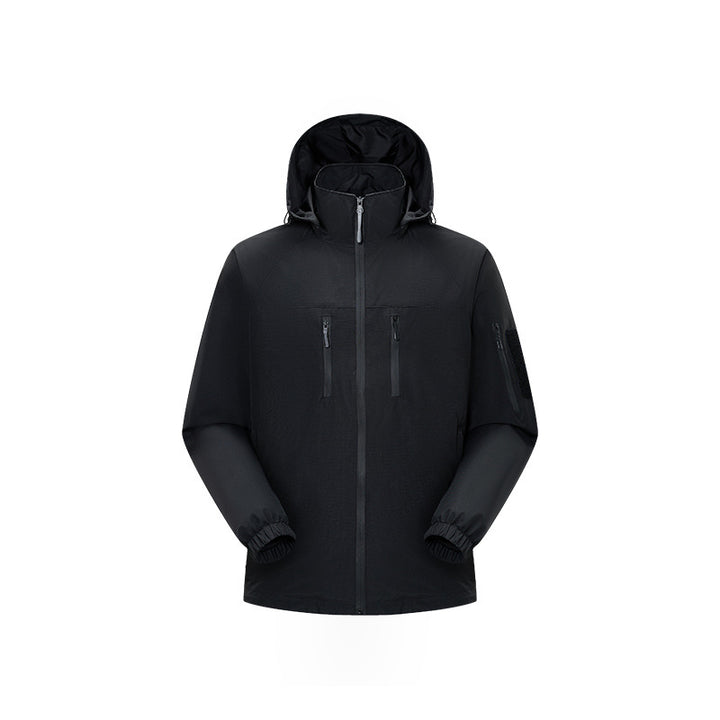 Herren Multifunktions-Shelljacke mit hoher Stehkragen-Kapuze, vertikalen Brusttaschen und Armtasche Drune